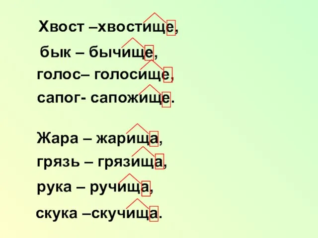 Хвост –хвостище, бык – бычище, голос– голосище, сапог- сапожище. Жара – жарища,