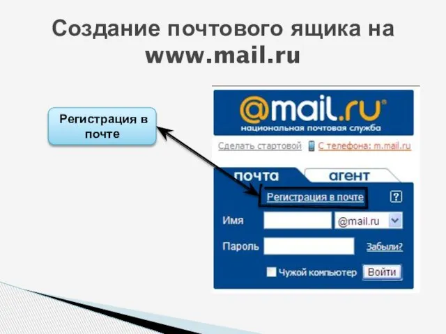 Создание почтового ящика на www.mail.ru Регистрация в почте