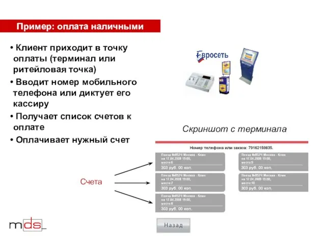 Пример: оплата наличными Клиент приходит в точку оплаты (терминал или ритейловая точка)