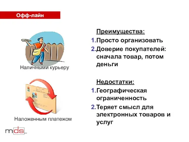 Офф-лайн Преимущества: Просто организовать Доверие покупателей: сначала товар, потом деньги Недостатки: Географическая