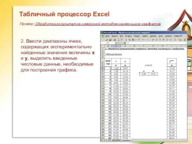 2. Ввести диапазоны ячеек, содержащих экспериментально найденные значения величины x и y,