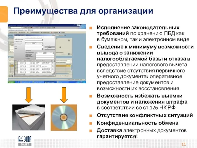 Преимущества для организации Исполнение законодательных требований по хранению ПБД как в бумажном,