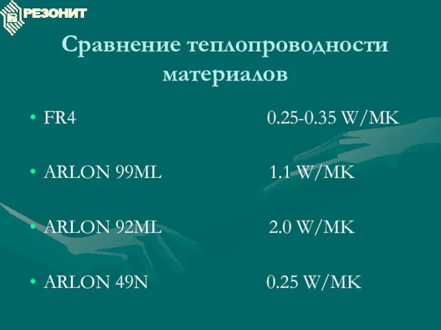 Сравнение теплопроводности материалов FR4 0.25-0.35 W/MK ARLON 99ML 1.1 W/MK ARLON 92ML