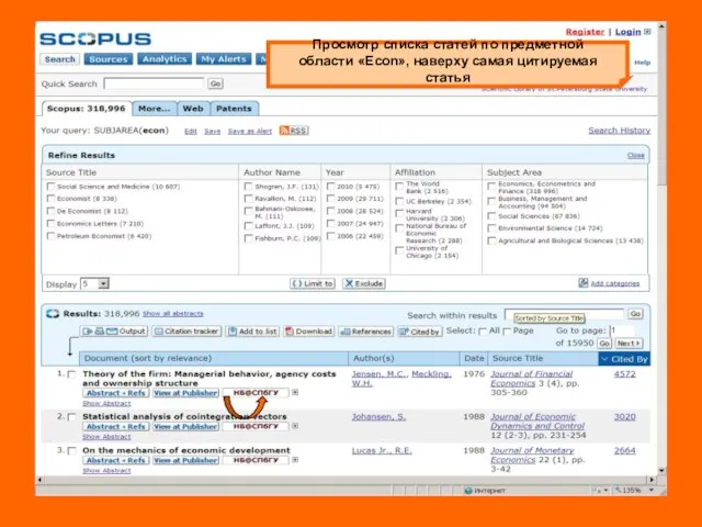 Просмотр списка статей по предметной области «Econ», наверху самая цитируемая статья