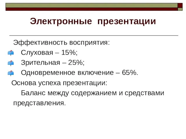 Электронные презентации Эффективность восприятия: Слуховая – 15%; Зрительная – 25%; Одновременное включение