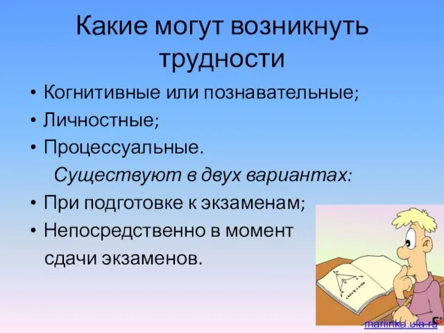 Какие могут возникнуть трудности Когнитивные или познавательные; Личностные; Процессуальные. Существуют в двух