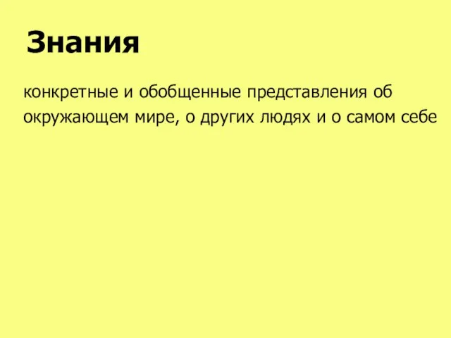 Знания конкретные и обобщенные представления об окружающем мире, о других людях и о самом себе