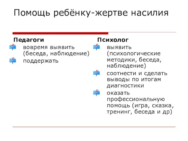 Помощь ребёнку-жертве насилия Педагоги вовремя выявить(беседа, наблюдение) поддержать Психолог выявить (психологические методики,