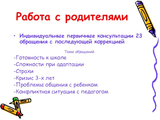 Работа с родителями Индивидуальные первичные консультации 23 обращения с последующей коррекцией Темы