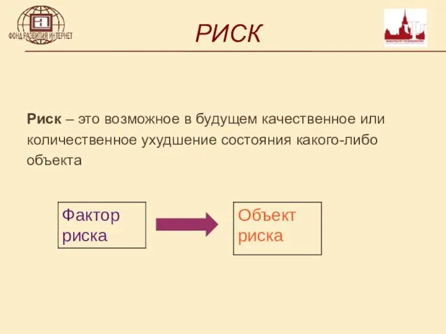 РИСК Риск – это возможное в будущем качественное или количественное ухудшение состояния какого-либо объекта