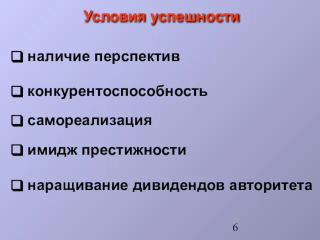 наличие перспектив конкурентоспособность самореализация имидж престижности Условия успешности наращивание дивидендов авторитета