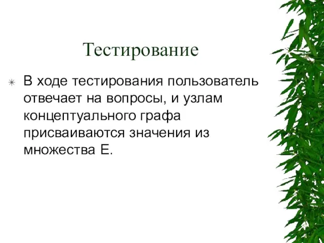 Тестирование В ходе тестирования пользователь отвечает на вопросы, и узлам концептуального графа