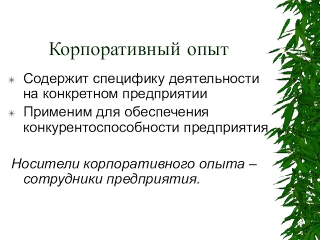 Корпоративный опыт Содержит специфику деятельности на конкретном предприятии Применим для обеспечения конкурентоспособности