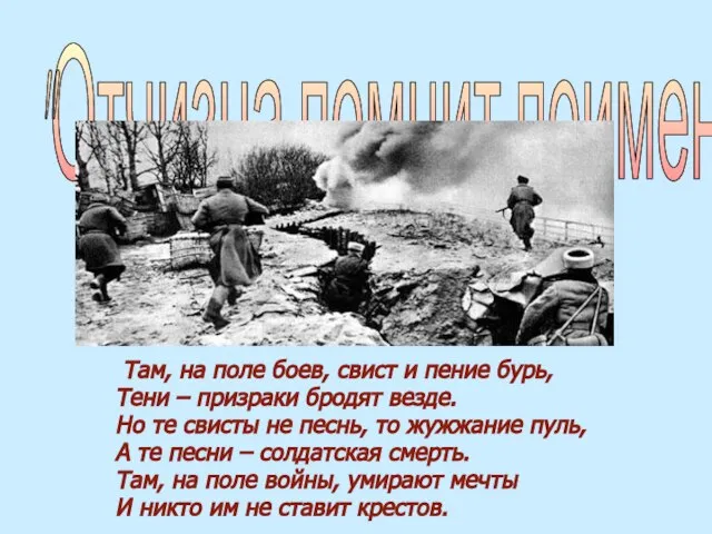 "Отчизна помнит поименно" Там, на поле боев, свист и пение бурь, Тени