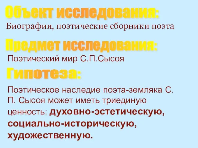 Объект исследования: Биография, поэтические сборники поэта Предмет исследования: Поэтический мир С.П.Сысоя Гипотеза: