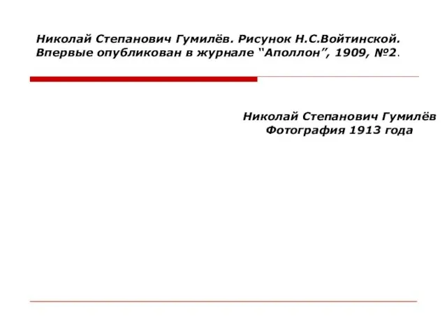 Николай Степанович Гумилёв. Рисунок Н.С.Войтинской. Впервые опубликован в журнале “Аполлон”, 1909, №2.