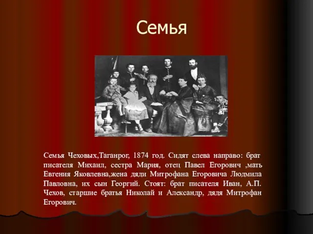 Семья Семья Чеховых,Таганрог, 1874 год. Сидят слева направо: брат писателя Михаил, сестра