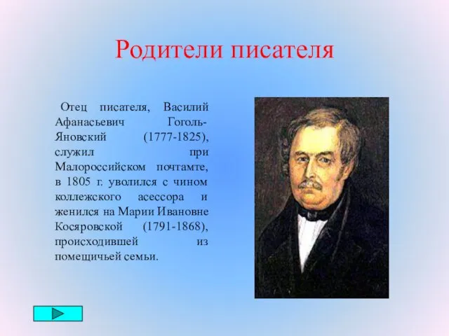 Родители писателя Отец писателя, Василий Афанасьевич Гоголь-Яновский (1777-1825), служил при Малороссийском почтамте,