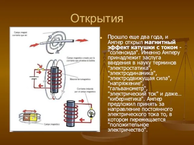 Открытия Прошло еще два года, и Ампер открыл магнитный эффект катушки с