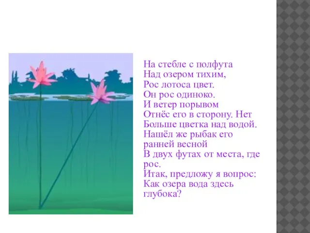 На стебле с полфута Над озером тихим, Рос лотоса цвет. Он рос