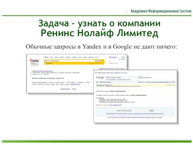 Задача – узнать о компании Ренинс Нолайф Лимитед Обычные запросы в Yandex