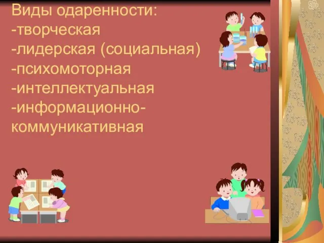 Виды одаренности: -творческая -лидерская (социальная) -психомоторная -интеллектуальная -информационно-коммуникативная