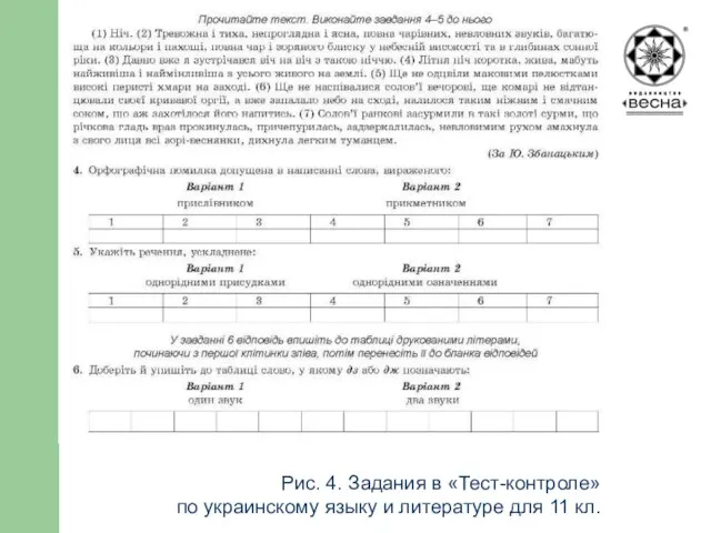 Структура посібника Рис. 4. Задания в «Тест-контроле» по украинскому языку и литературе для 11 кл.