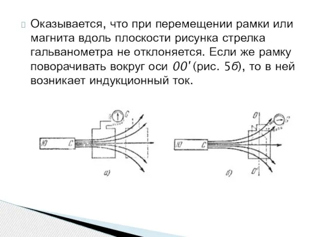 Оказывается, что при перемещении рамки или магнита вдоль плоскости рисунка стрелка гальванометра