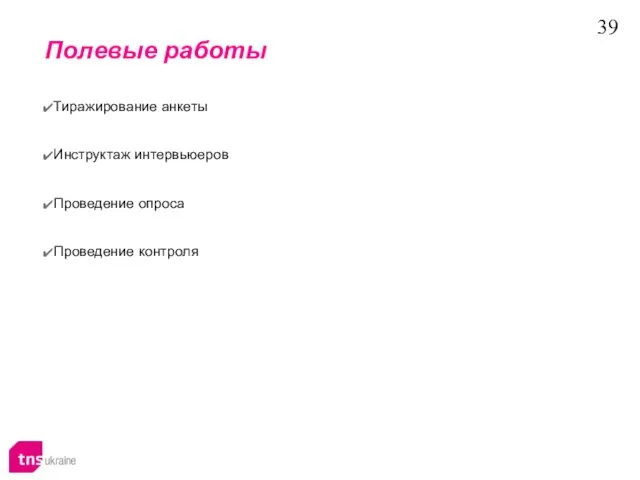 Полевые работы Тиражирование анкеты Инструктаж интервьюеров Проведение опроса Проведение контроля