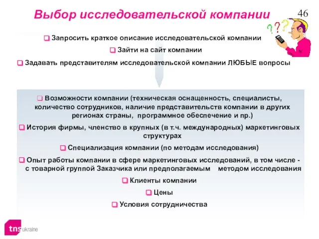 Выбор исследовательской компании Задавать представителям исследовательской компании ЛЮБЫЕ вопросы Зайти на сайт