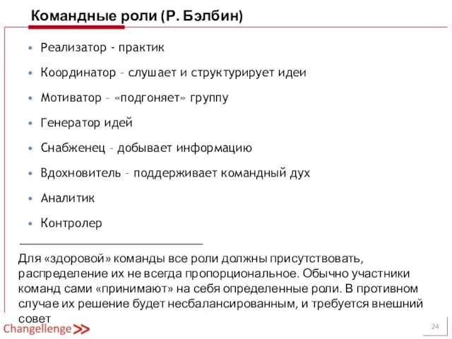 Командные роли (Р. Бэлбин) Реализатор - практик Координатор – слушает и структурирует