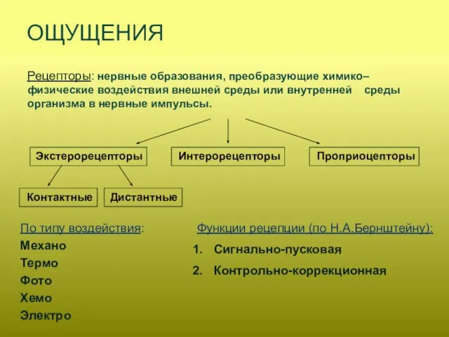 ОЩУЩЕНИЯ По типу воздействия: Механо Термо Фото Хемо Электро Рецепторы: нервные образования,