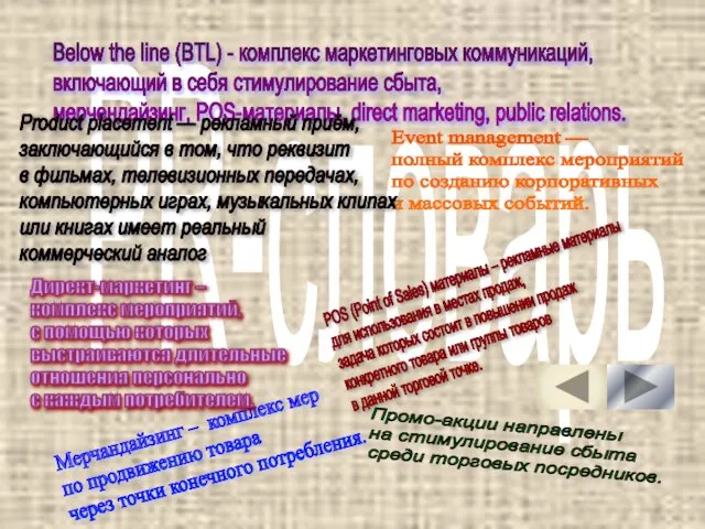PR-словарь Below the line (BTL) - комплекс маркетинговых коммуникаций, включающий в себя