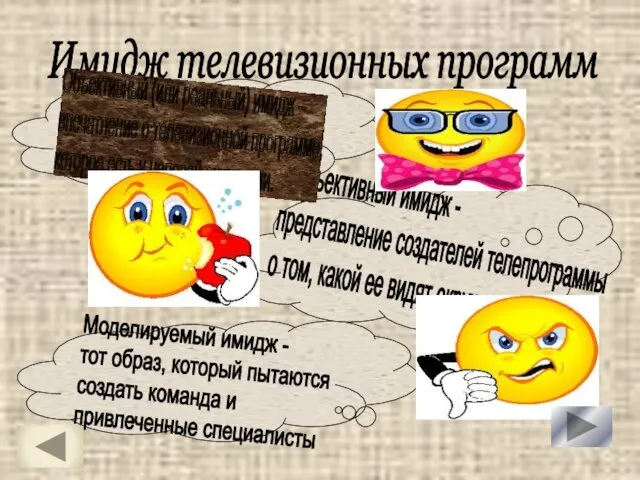 Имидж телевизионных программ Субъективный имидж - представление создателей телепрограммы о том, какой