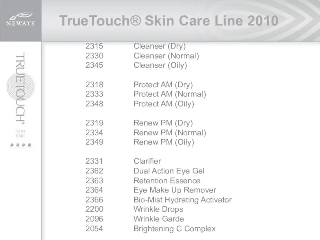 TrueTouch® Skin Care Line 2010 2315 Cleanser (Dry) 2330 Cleanser (Normal) 2345