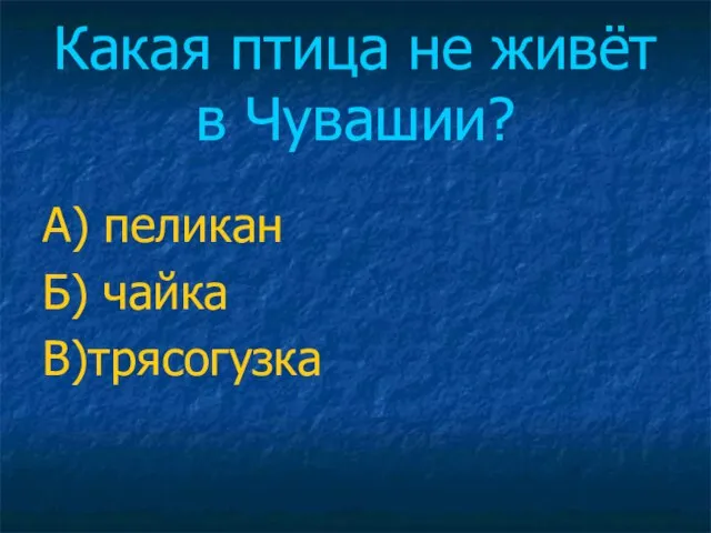 Какая птица не живёт в Чувашии? А) пеликан Б) чайка В)трясогузка