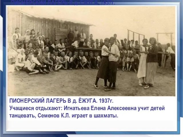 ПИОНЕРСКИЙ ЛАГЕРЬ В д. ЁЖУГА. 1937г. Учащиеся отдыхают: Игнатьева Елена Алексеевна учит