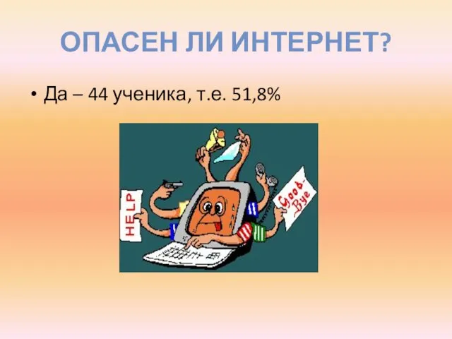 ОПАСЕН ЛИ ИНТЕРНЕТ? Да – 44 ученика, т.е. 51,8%