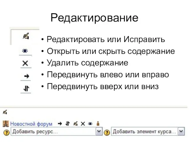 Редактирование Редактировать или Исправить Открыть или скрыть содержание Удалить содержание Передвинуть влево