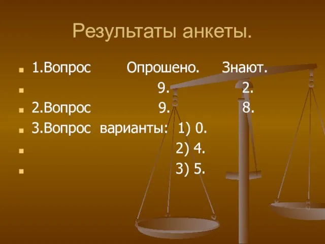 Результаты анкеты. 1.Вопрос Опрошено. Знают. 9. 2. 2.Вопрос 9. 8. 3.Вопрос варианты: