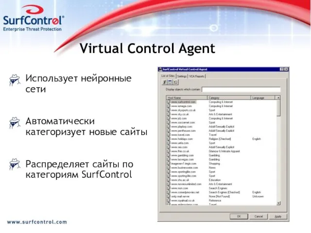 Virtual Control Agent Использует нейронные сети Автоматически категоризует новые сайты Распределяет сайты