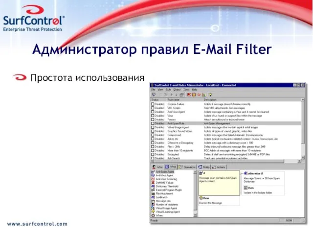 Администратор правил E-Mail Filter Простота использования