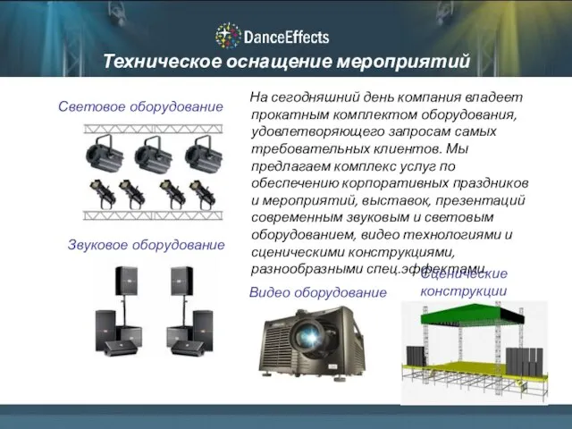 Техническое оснащение мероприятий На сегодняшний день компания владеет прокатным комплектом оборудования, удовлетворяющего