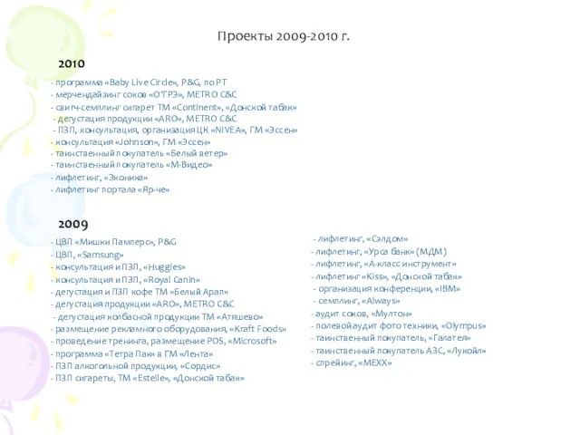 Проекты 2009-2010 г. 2010 программа «Baby Live Circle», P&G, по РТ мерчендайзинг