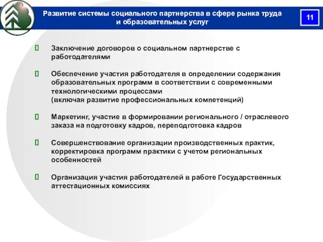 Заключение договоров о социальном партнерстве с работодателями Обеспечение участия работодателя в определении