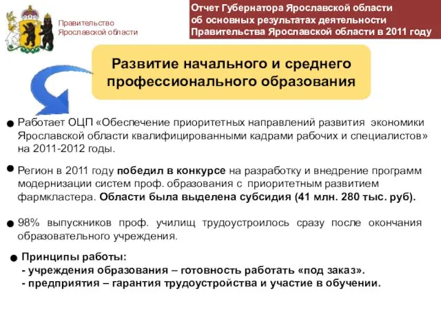 Правительство Ярославской области 98% выпускников проф. училищ трудоустроилось сразу после окончания образовательного