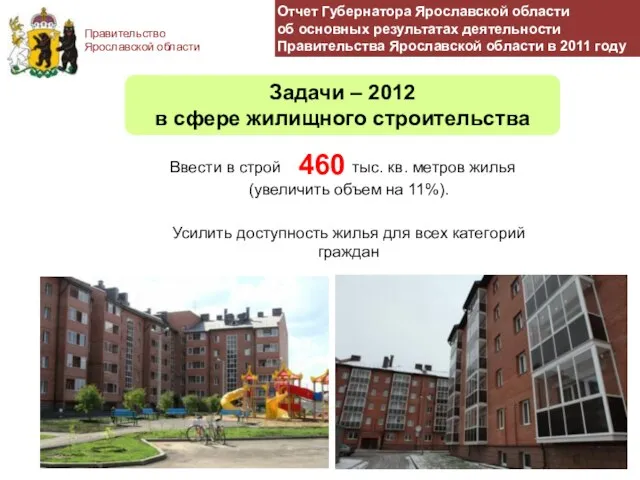 Правительство Ярославской области Задачи – 2012 в сфере жилищного строительства Отчет Губернатора