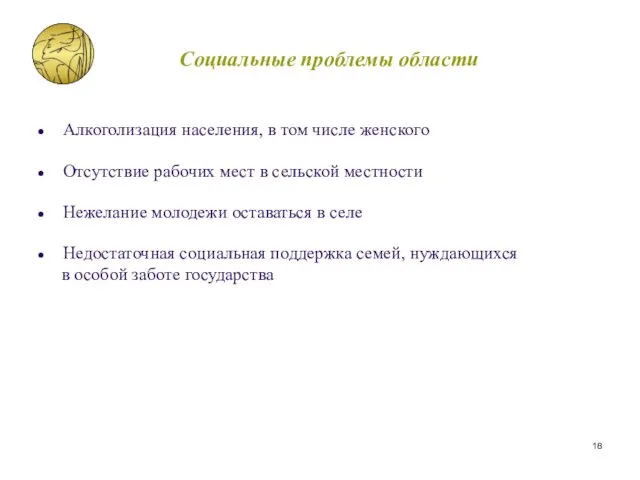 Социальные проблемы области Алкоголизация населения, в том числе женского Отсутствие рабочих мест