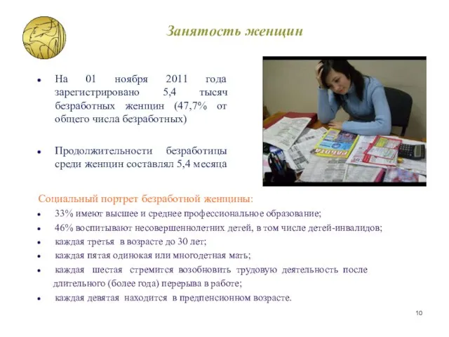 Занятость женщин На 01 ноября 2011 года зарегистрировано 5,4 тысяч безработных женщин