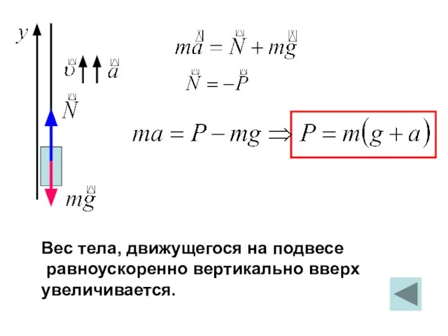 Вес тела, движущегося на подвесе равноускоренно вертикально вверх увеличивается.